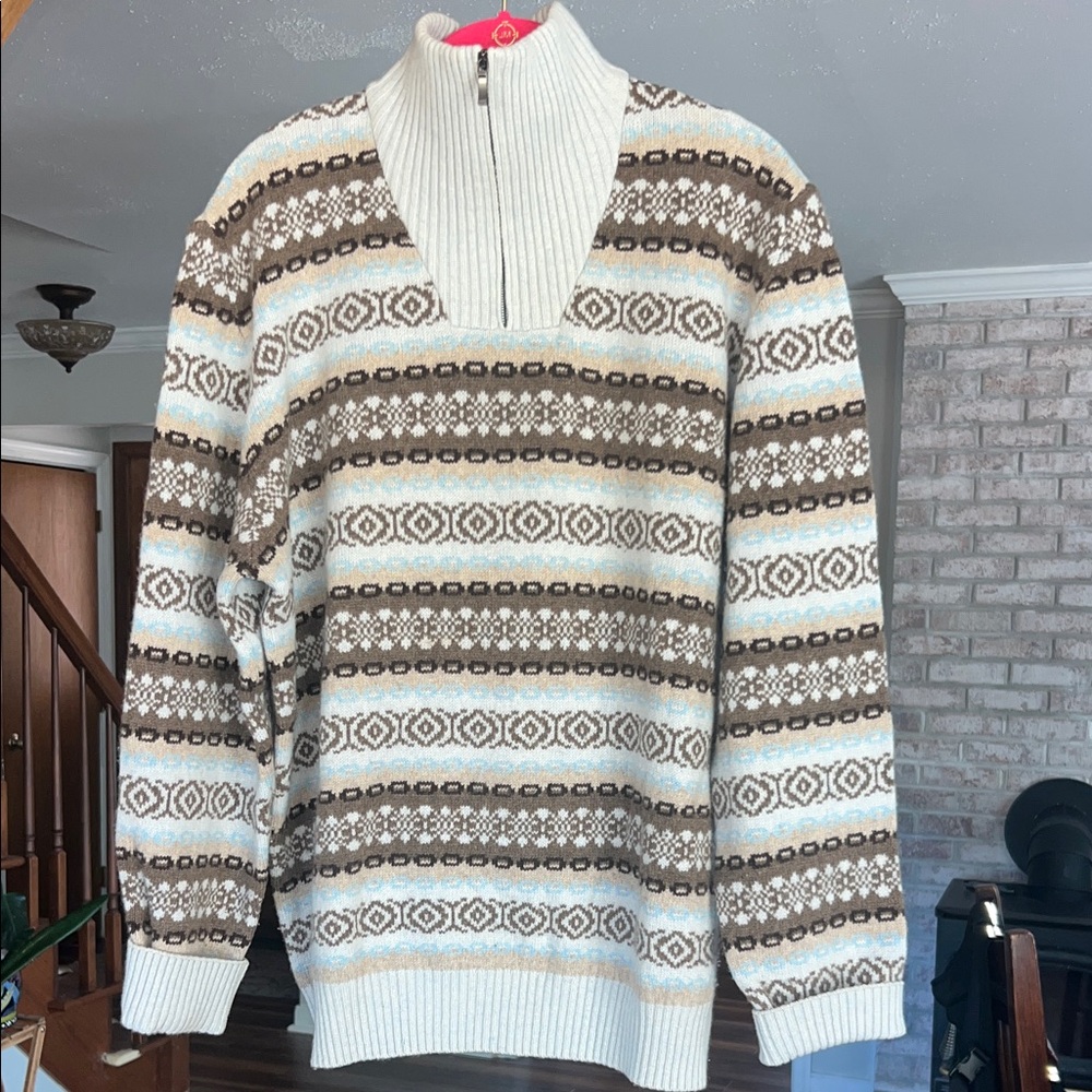 Faconnable Light Blue and Brown Quarter Zip-Up Sweater XL